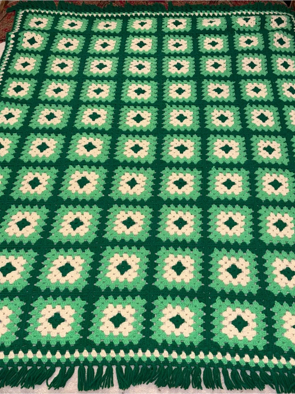 Handmade vintage Granny Square Crochet Blanket in Green and Cream